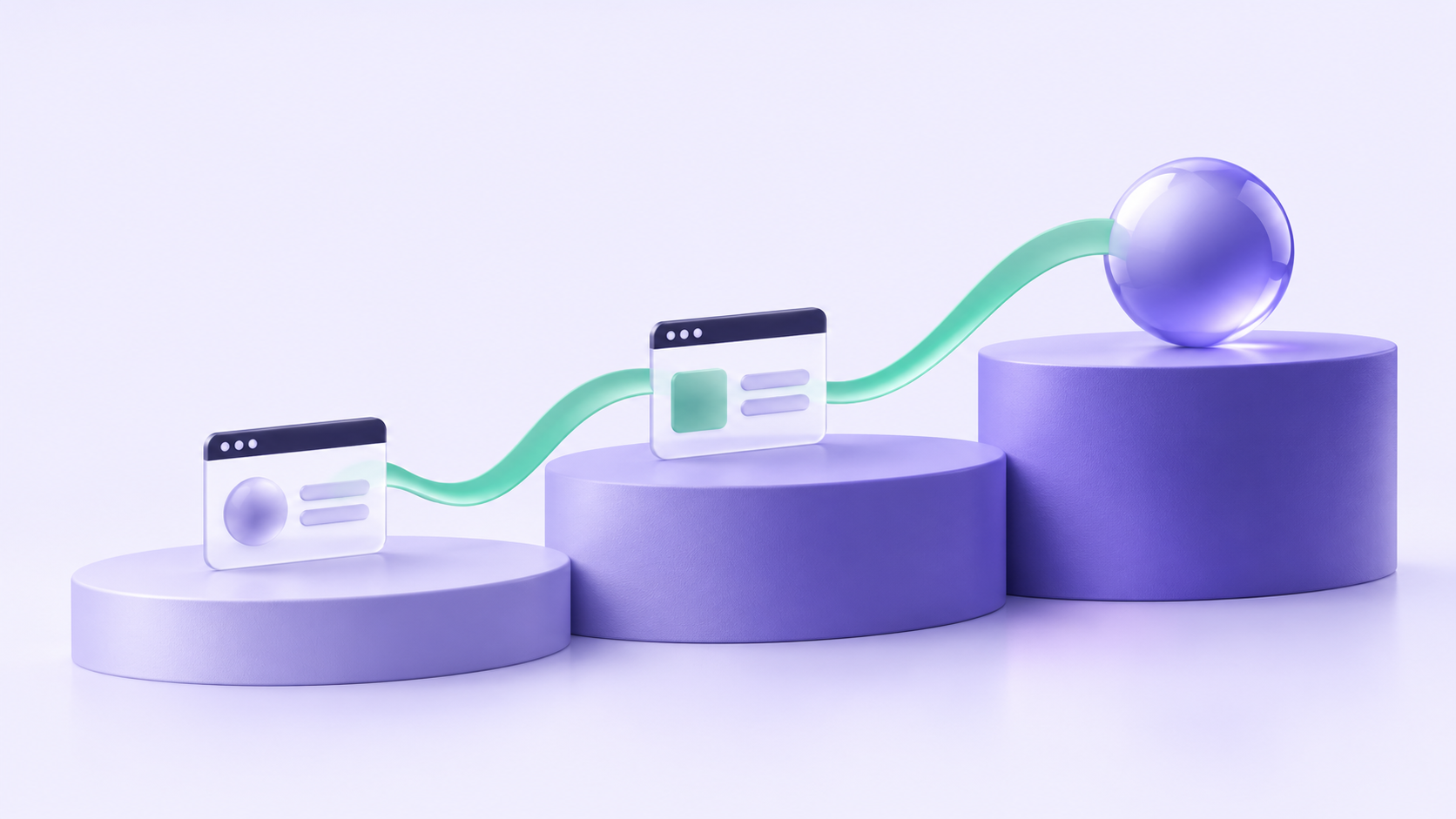 Abstract violet platforms joined by a mint ribbon, illustrating connected and steady improvement.